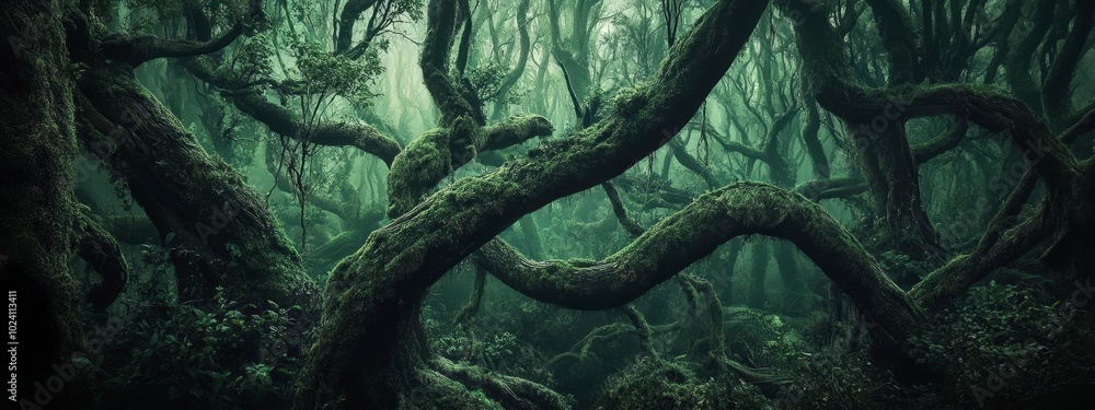 Obraz premium Dense forest with twisting trees covered in moss creating an eerie atmosphere