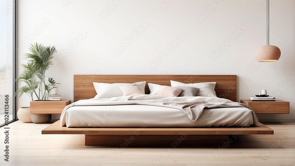 A modern platform bed with a low-profile wooden frame and a A modern platform bed with a low-profile wooden frame and a