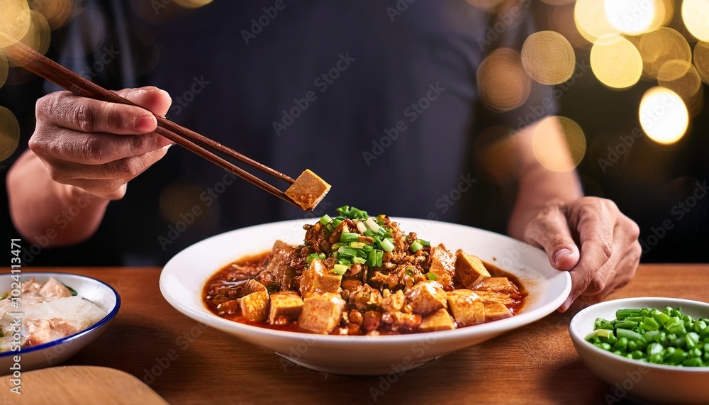 Faceless man eat Mapo Tofu in restaurant with bokeh background. Chinese Food. Faceless man eat Mapo Tofu in restaurant with bokeh background. Chinese Food.