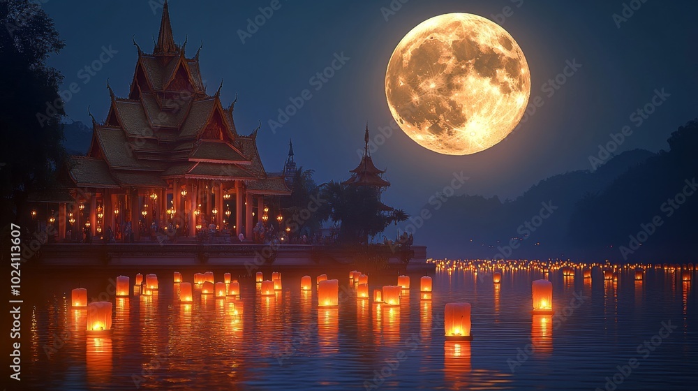 Naklejka premium Minimalist background of Lao Buddha: A serene blend of ancient Buddhist architecture and spiritual heritage in Southeast Asia's temples.