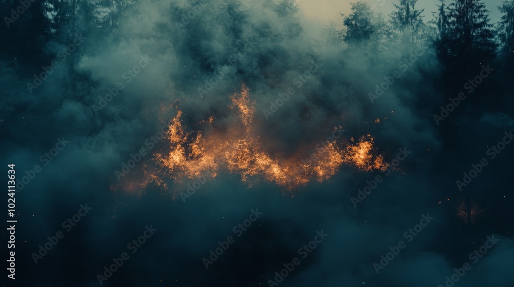 Fototapeta premium Flames engulf a building in a smoky, eerie forest.