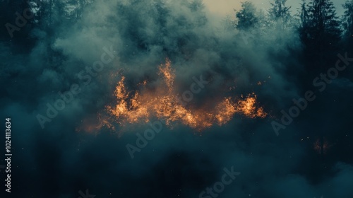 Flames engulf a building in a smoky, eerie forest.