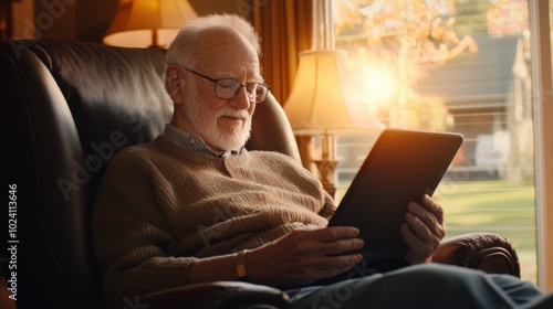 An elderly man sitting comfortably in his armchair, happily shopping online for home goods with a tablet