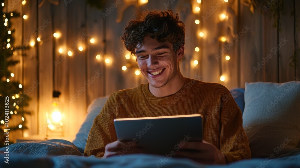 A young man lying on his bed, holding a tablet while browsing an online store and smiling with satisfaction A young man lying on his bed, holding a tablet while browsing an online store and smiling with satisfaction
