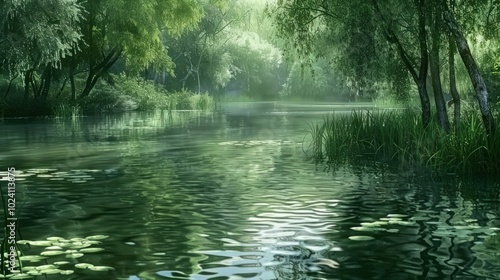 Tranquil River Scene with Lush Greenery