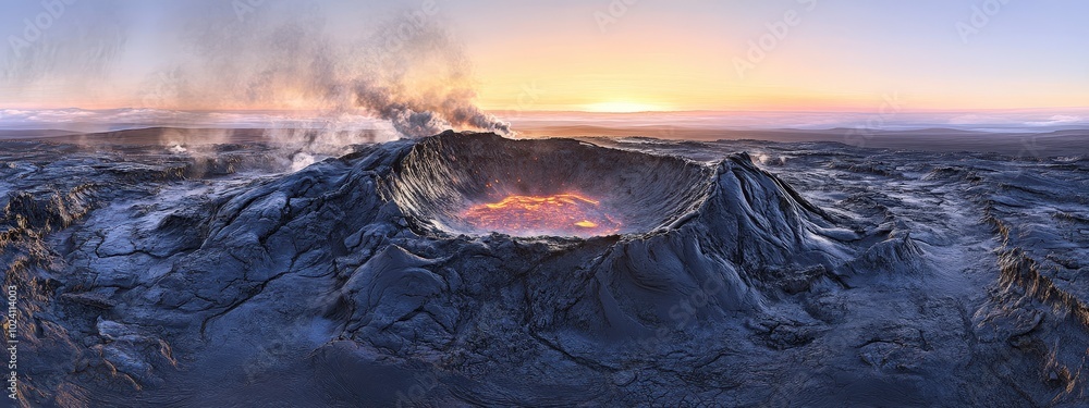 Naklejka premium Panoramic view of volcanic crater with lava at sunset
