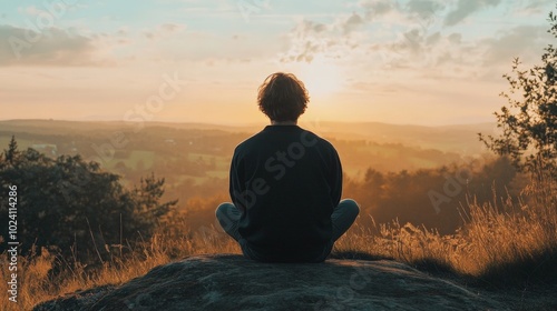 Person meditating on top of a mountain at sunrise