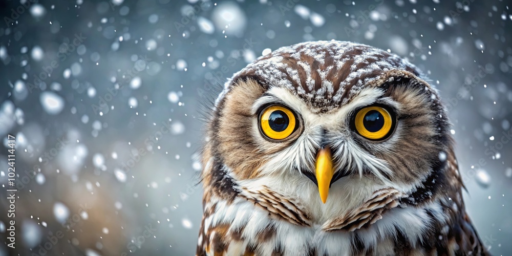 A Sharp-Eyed Owl Gazes Through the Falling Snow, Its Yellow Irises Piercing the Winter Mist A Sharp-Eyed Owl Gazes Through the Falling Snow, Its Yellow Irises Piercing the Winter Mist