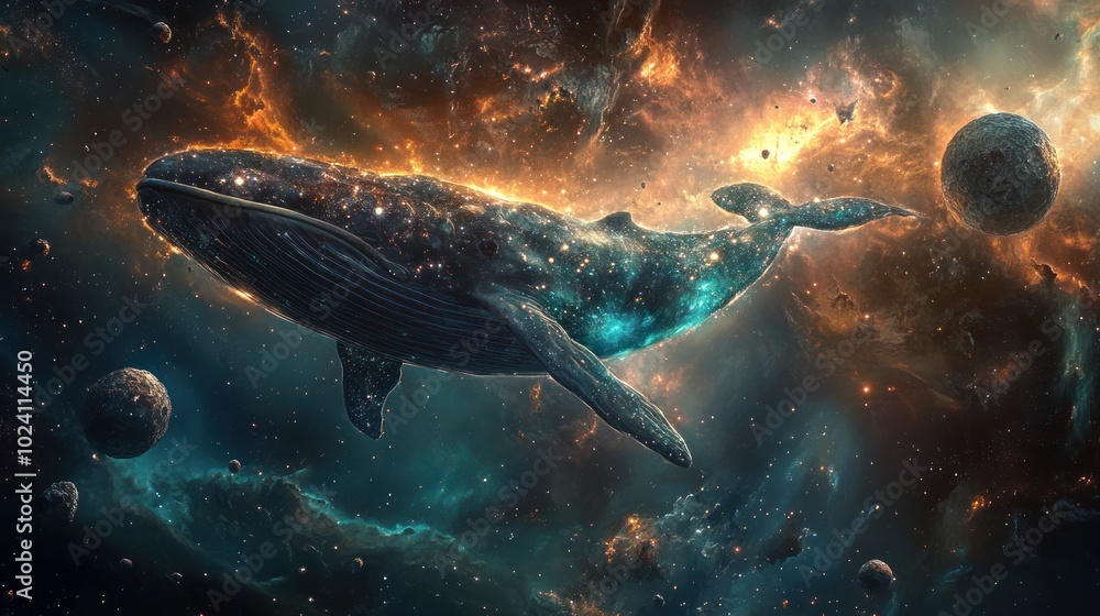 Obraz premium representation of a quantum dolphin leaping gracefully through an ethereal landscape of shimmering particles and flowing waves of color.