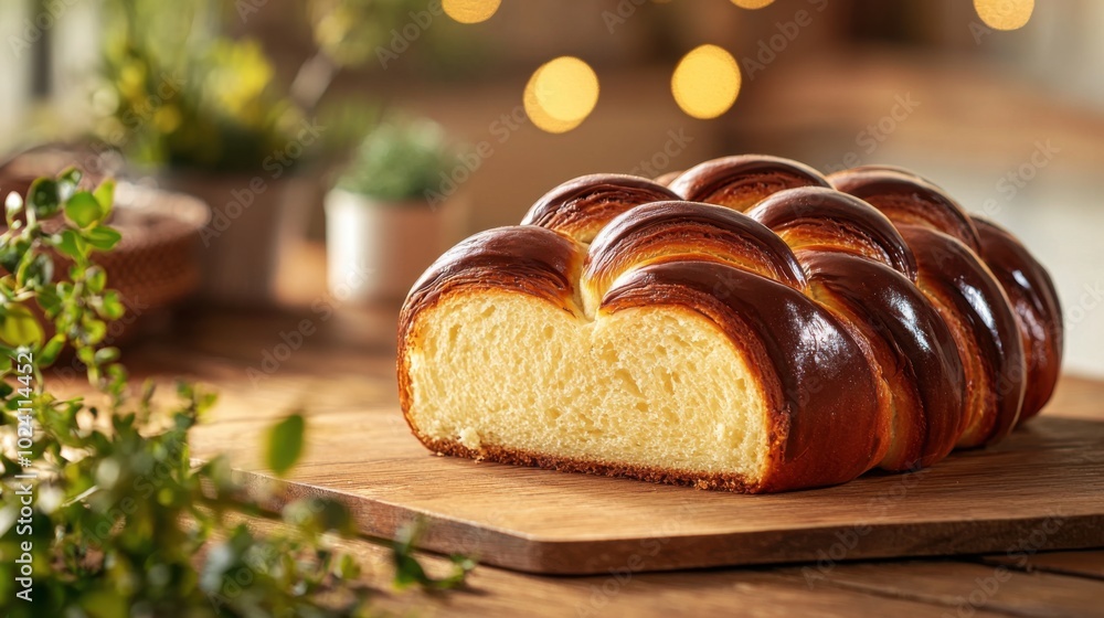 A freshly baked Chocolate Brioche des Rois, sliced to reveal the chocolate layers, placed on a simple wooden table A freshly baked Chocolate Brioche des Rois, sliced to reveal the chocolate layers, placed on a simple wooden table