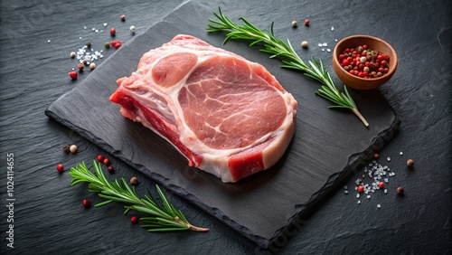 Raw Pork Chop with Herbs and Spices Ready for Cooking on a Black Slate Plate