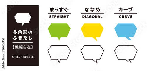シンプルな多角形のふきだしセット＿しっぽの形状違い＿線幅自在