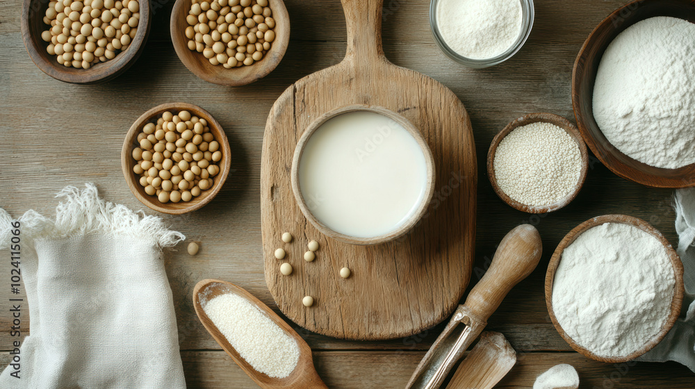 Creamy soy milk is surrounded by various ingredients, including soybeans and flour, all arranged neatly on wooden surface, creating warm and inviting atmosphere Creamy soy milk is surrounded by various ingredients, including soybeans and flour, all arranged neatly on wooden surface, creating warm and inviting atmosphere