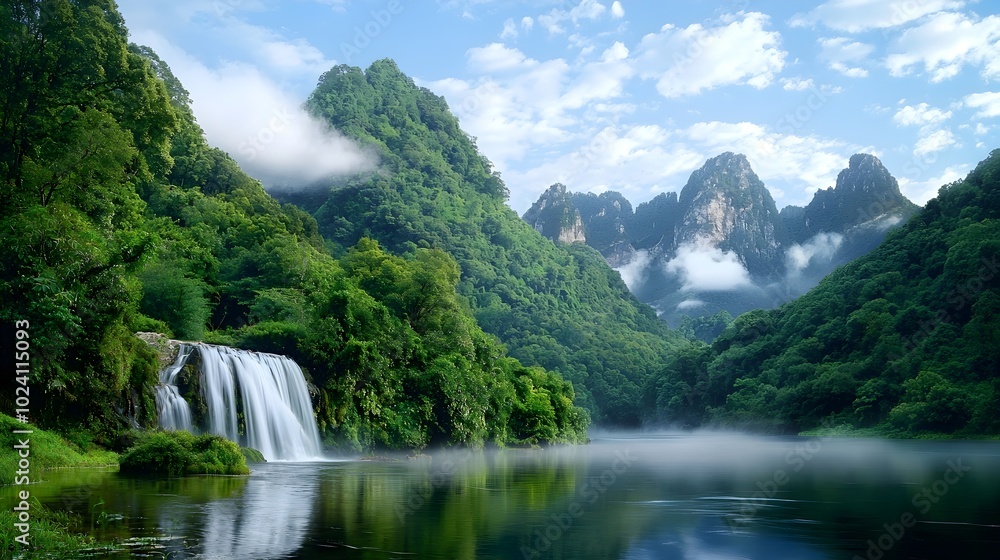 Breathtaking view of a secluded misty valley with towering mountains in the background a cascading waterfall flowing into a calm and reflective river all bathed in the warm glow of golden hour light Breathtaking view of a secluded misty valley with towering mountains in the background a cascading waterfall flowing into a calm and reflective river all bathed in the warm glow of golden hour light