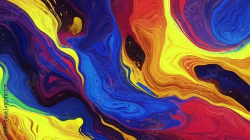 Dynamic Liquid vibrant colors particles abstract paint movement background. Blue yellow swirling liquids, fluid particles, cell shading, soft lighting animation