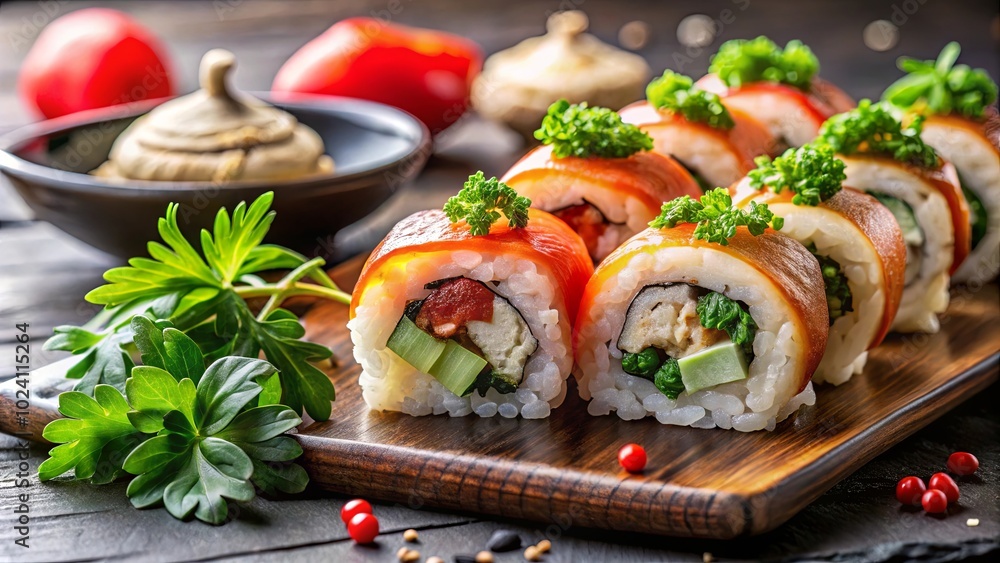 Aromatic Japanese Sushi Rolls with a Fresh Garnish, Carefully Arranged on a Wooden Serving Board Aromatic Japanese Sushi Rolls with a Fresh Garnish, Carefully Arranged on a Wooden Serving Board