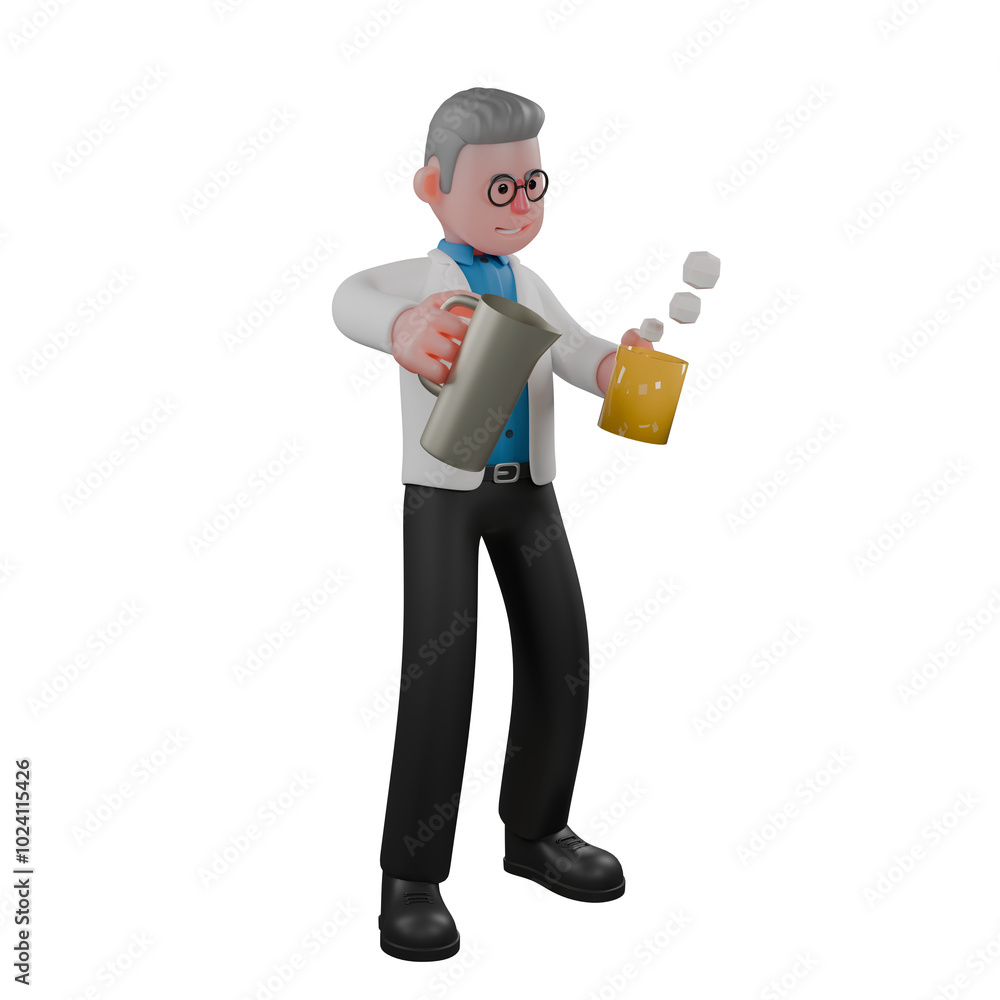 Cartoon Professional Physicist. A male physicist is pouring liquid from a large vessel into a glass. 3D Male Cartoon Professional Physicist. A male physicist is pouring liquid from a large vessel into a glass. 3D Male