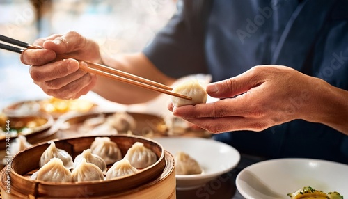 Faceless man eat Xiaolongbao in restaurant with bokeh background. Chinese Food.