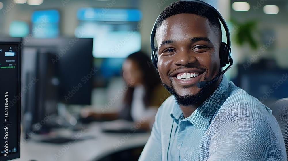 Portrait of a confident and knowledgeable call center consultant wearing a headset and smiling as he engages in customer support telemarketing or sales advice