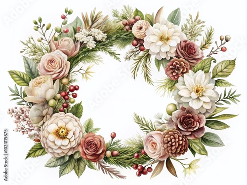 Handdrawn Botanical Wreath with Realistic Flowers and Leaves for Winter Bouquets, Isolated on White Background, PNG