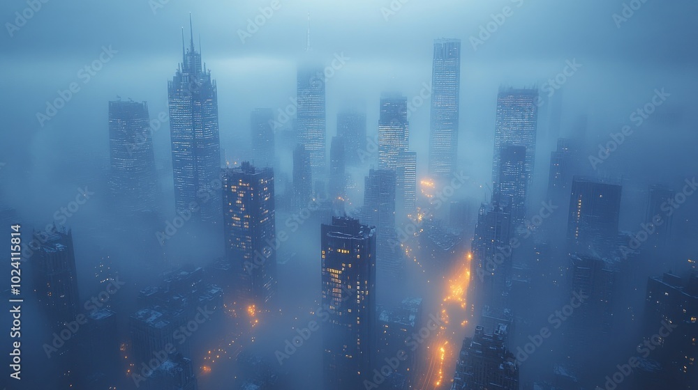 Foggy city skyline at night with illuminated buildings. Foggy city skyline at night with illuminated buildings.