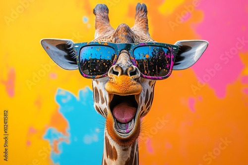 A giraffe wearing sunglasses and with its mouth open wide, against a colorful background.