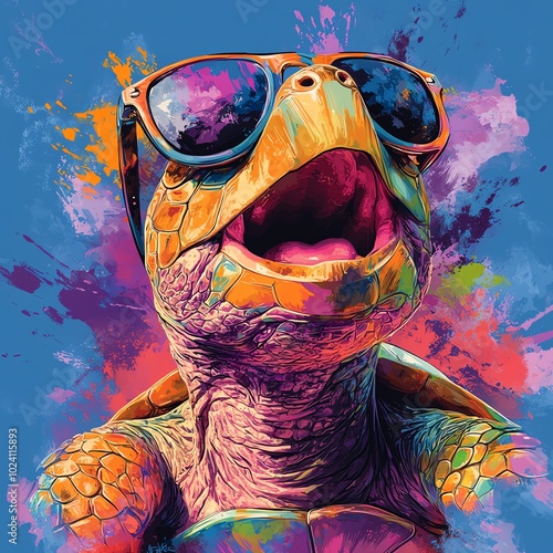 Cool turtle wearing sunglasses with colorful background.