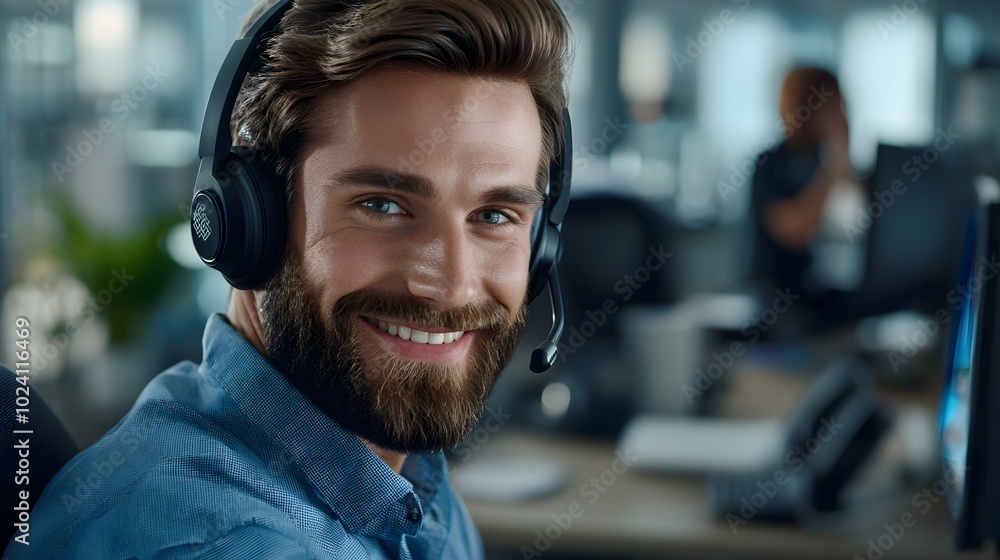 Portrait of a confident and friendly male consultant dressed in business attire wearing a headset while providing helpful customer service and advice in a call center setting Portrait of a confident and friendly male consultant dressed in business attire wearing a headset while providing helpful customer service and advice in a call center setting