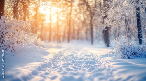 A Tranquil Winter Pathway Embraces Soft Sunlight Filtering Through Frosty Trees at Dawn