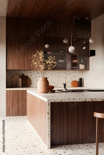 Modern kitchen with terrazzo countertops, wooden cabinets, and a single stool.