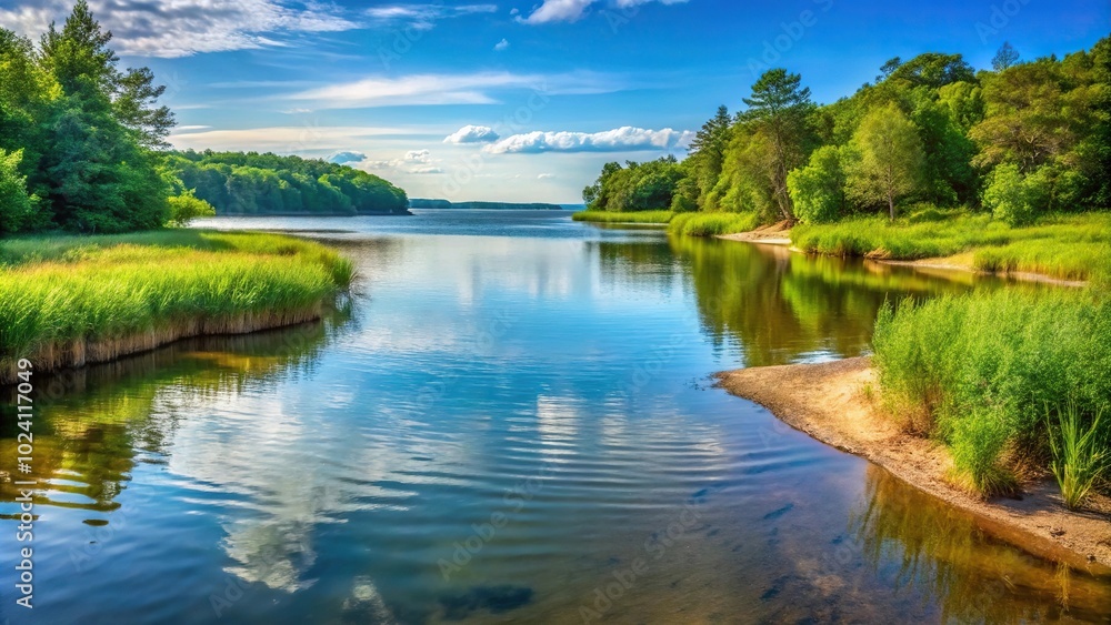 Landscape of calm water inlet from the bay in the summer close-up Landscape of calm water inlet from the bay in the summer close-up