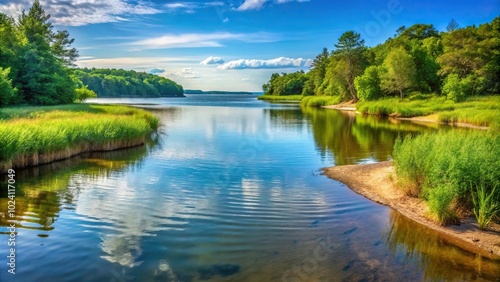 Landscape of calm water inlet from the bay in the summer close-up