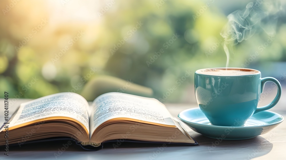 Cozy morning routine with a cup of coffee beside an open book set in soft natural light with subtle shadows The scene has a double exposure silhouette effect with the book pages Cozy morning routine with a cup of coffee beside an open book set in soft natural light with subtle shadows The scene has a double exposure silhouette effect with the book pages