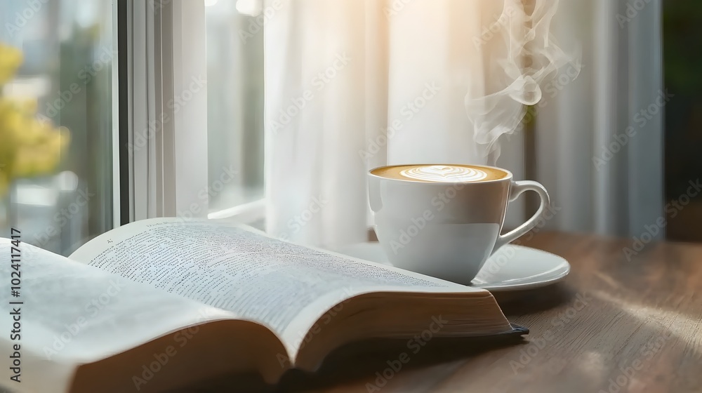 Cozy morning scene with an open book and a cup of coffee set in soft natural light with subtle shadows The double exposure silhouette of the book pages creates a serene contemplative atmosphere Cozy morning scene with an open book and a cup of coffee set in soft natural light with subtle shadows The double exposure silhouette of the book pages creates a serene contemplative atmosphere
