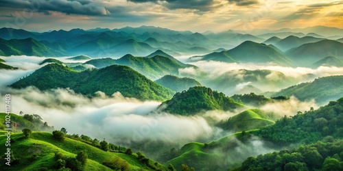 Landscape of green mountains shrouded in mist