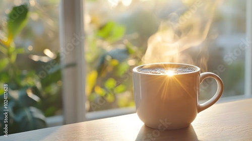 Freshly brewed morning coffee in a ceramic mug with vibrant sunlight filtering in and a double exposure silhouette of a sunrise creating a captivating and serene atmosphere