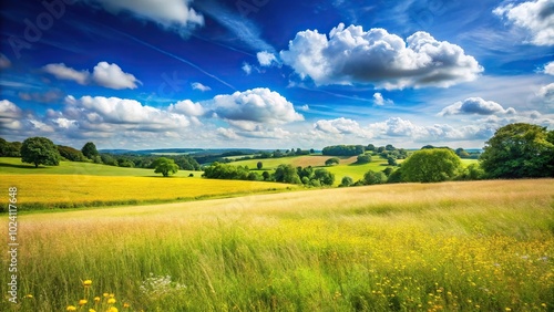 Landscape of meadow fields under a blue sky in English countryside