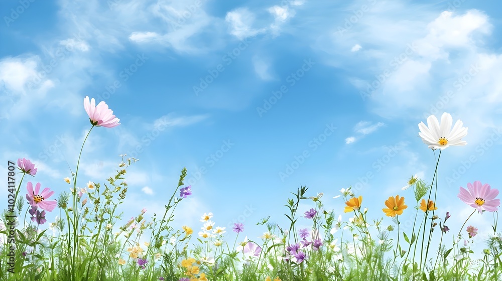 Vibrant Wildflowers Blooming in Grassy Meadow Under Blue Sky Serene Watercolor Style Landscape Painting Peaceful Floral Nature Scene with Colorful Foliage and Blossoms Vibrant Wildflowers Blooming in Grassy Meadow Under Blue Sky Serene Watercolor Style Landscape Painting Peaceful Floral Nature Scene with Colorful Foliage and Blossoms