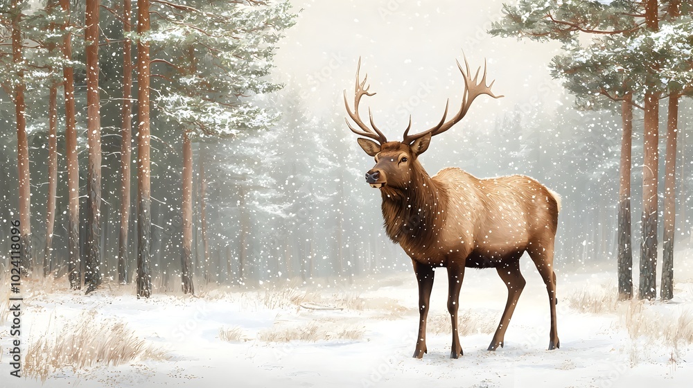 Majestic elk standing tall amidst snow covered pine trees in a serene watercolor style forest landscape Majestic elk standing tall amidst snow covered pine trees in a serene watercolor style forest landscape