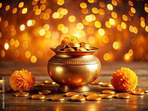 Happy Dhanteras Festival Greeting Card with Golden Pot and Bokeh Effect