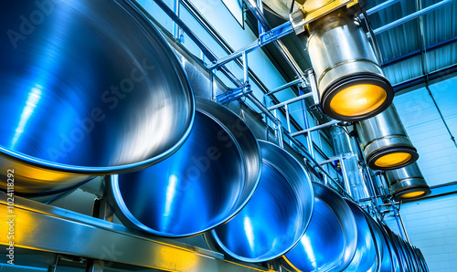 A row of large, shiny stainless steel mixing bowls hang from a ceiling in a modern industrial setting. The lighting casts a blue and yellow hue, reflecting the sleekness of the equipment.