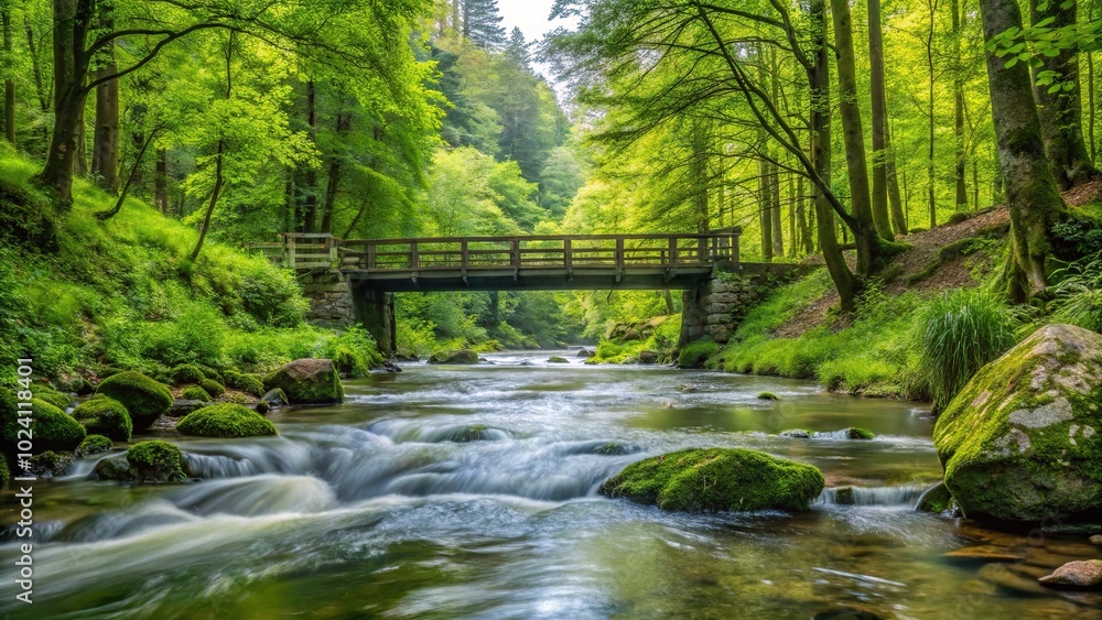 Landscape of water stream in forest with bridge Landscape of water stream in forest with bridge
