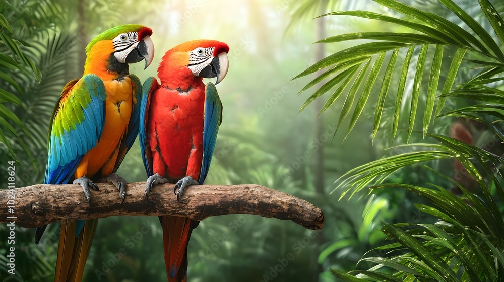 Obraz premium Colorful parrots with vivid feathers perched on a verdant rainforest branch