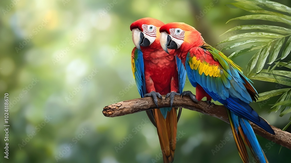 Colorful parrots with vivid feathers perched on a branch in a verdant rainforest rendered in a striking watercolor painting style Colorful parrots with vivid feathers perched on a branch in a verdant rainforest rendered in a striking watercolor painting style