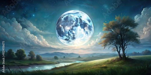 Landscape painting under full moon