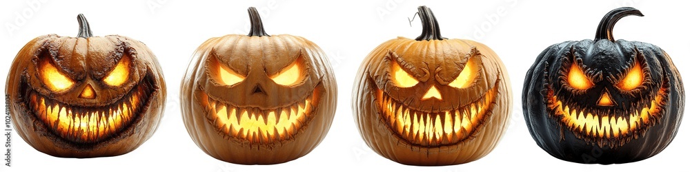 Fototapeta premium Glowing jack o lanterns with menacing face isolated on white background