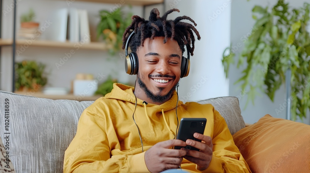 Fototapeta premium Smiling Black Man Wearing Wireless Headphones Sitting on Cozy Couch Happily Chatting with Friends via Smartphone and Enjoying Music