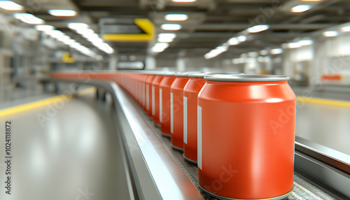 Red aluminum cans moving along a factory conveyor belt.