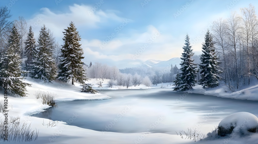 Peaceful and serene winter landscape featuring a frozen lake surrounded by snow covered trees in a soft watercolor style rendering Peaceful and serene winter landscape featuring a frozen lake surrounded by snow covered trees in a soft watercolor style rendering