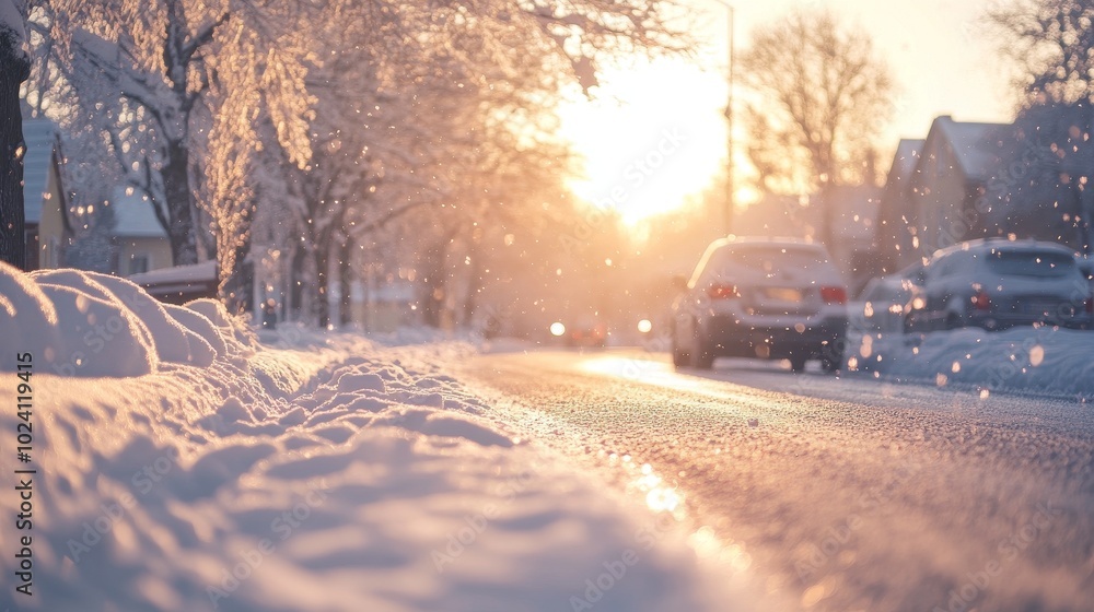 Gentle Snowfall Blankets a Serene Suburban Street at Sunset During a Tranquil Winter Evening Gentle Snowfall Blankets a Serene Suburban Street at Sunset During a Tranquil Winter Evening